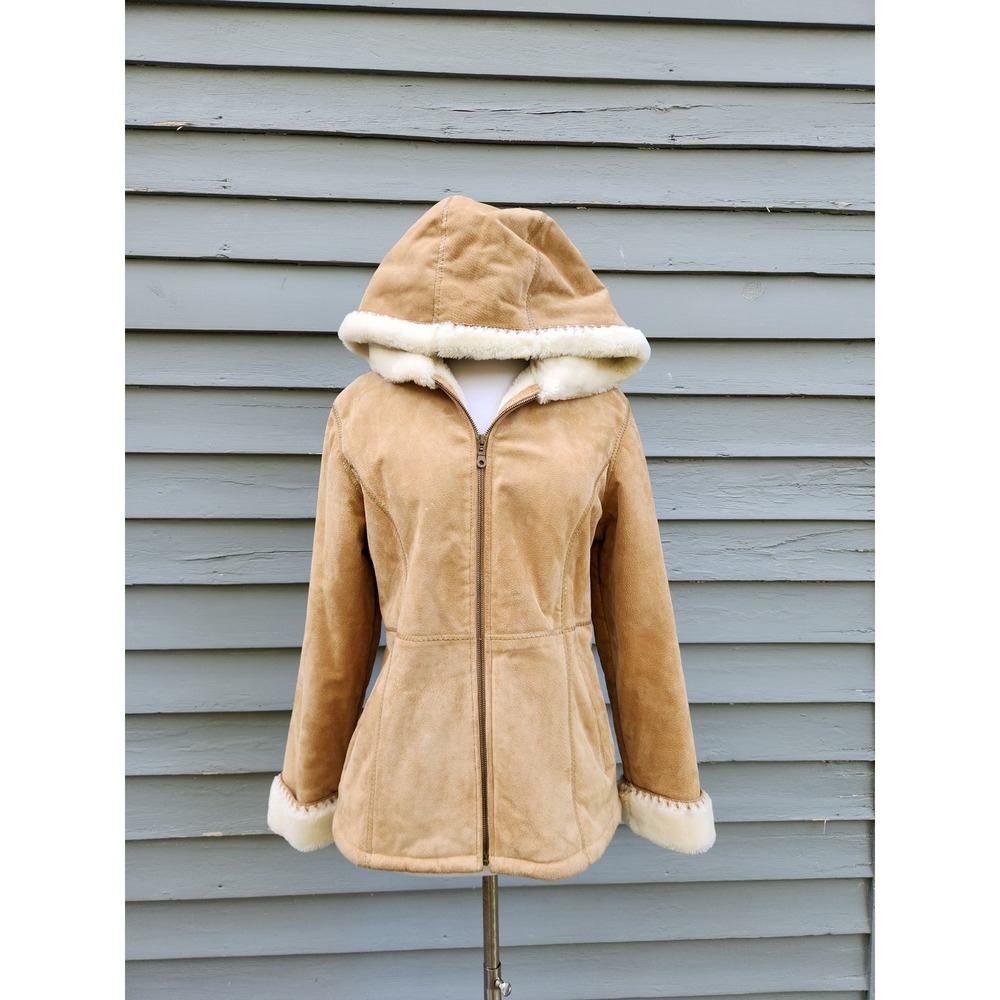 Vintage 90s Fabio Genuine Leather Suede Hooded Jacket Tan Faux Fur Trimmed Small